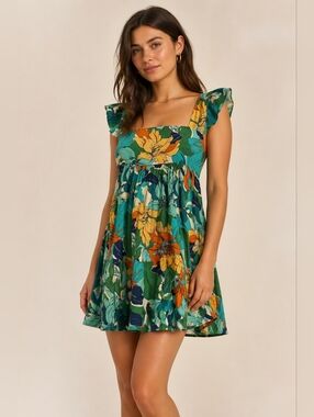 Band Of The Free Viscise Green Floral Square-Neck Mini Dress Size M